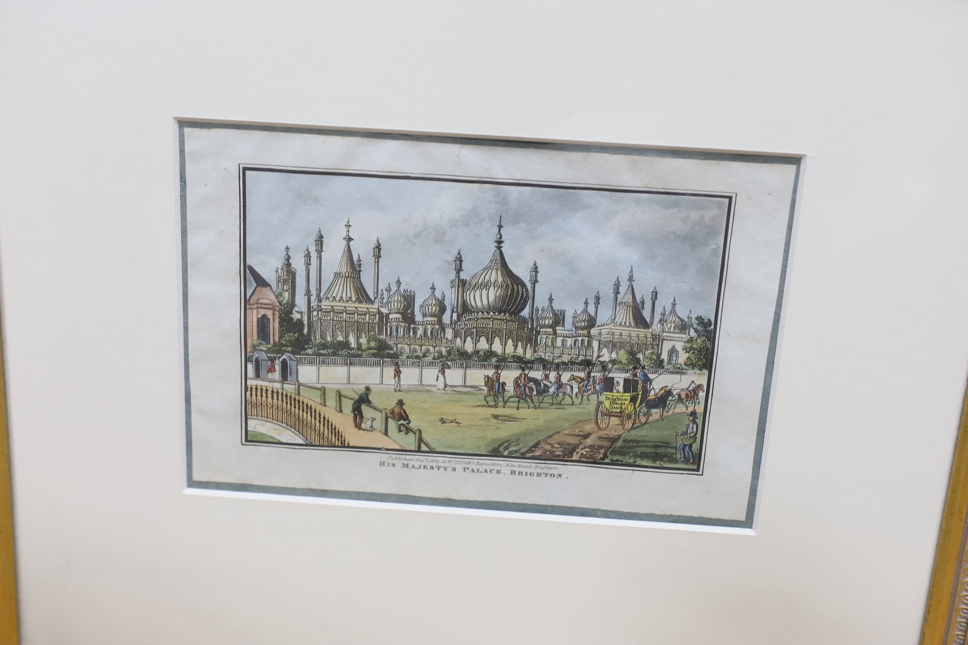 Four 19th century hand coloured engravings and prints of Brighton Pavilion including, ‘His Majesty’s Palace’, publ. 1821, together with ‘Views in and around Brighton’ and ‘Prince Albert driving the Queen & Princess Royal